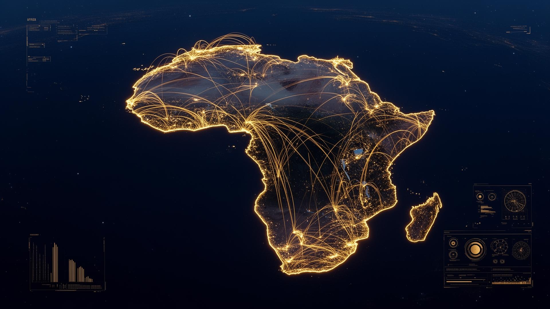 Illuminated map of Africa connected by global flight paths